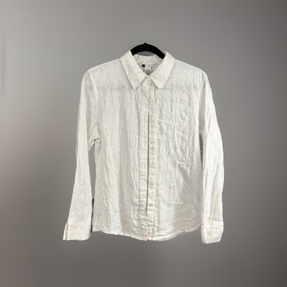 Carole Little Button Up Shirt Womens Large White Linen Floral Embroidered Top